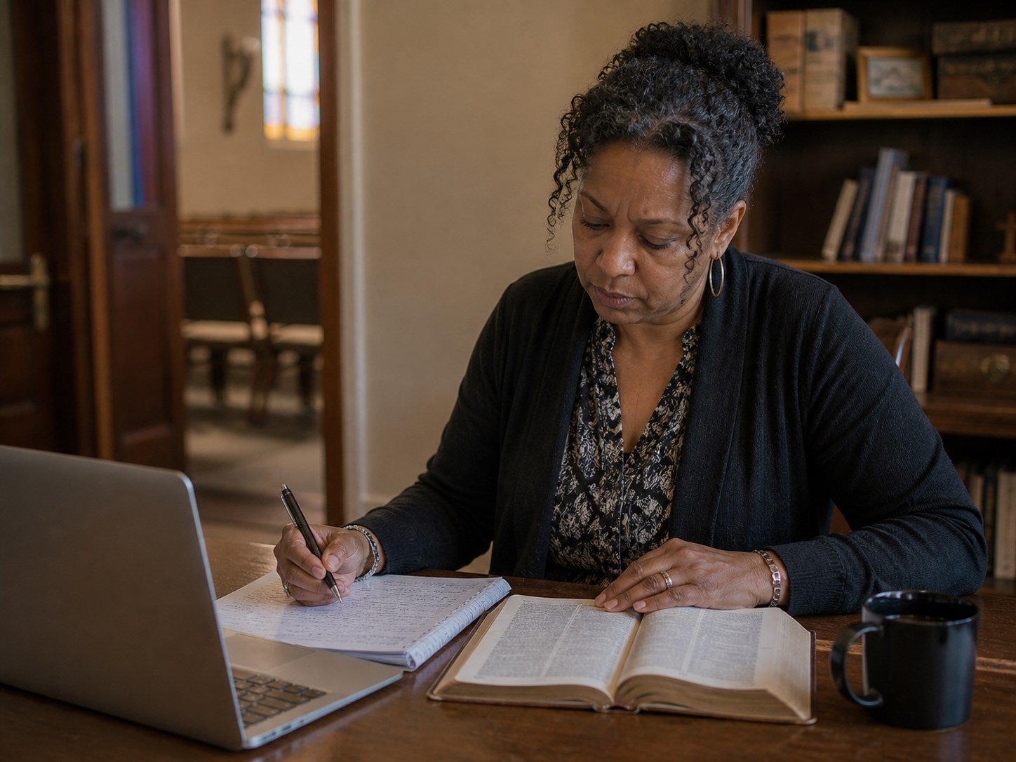A ministry leader studying Scripture and theology in a church setting