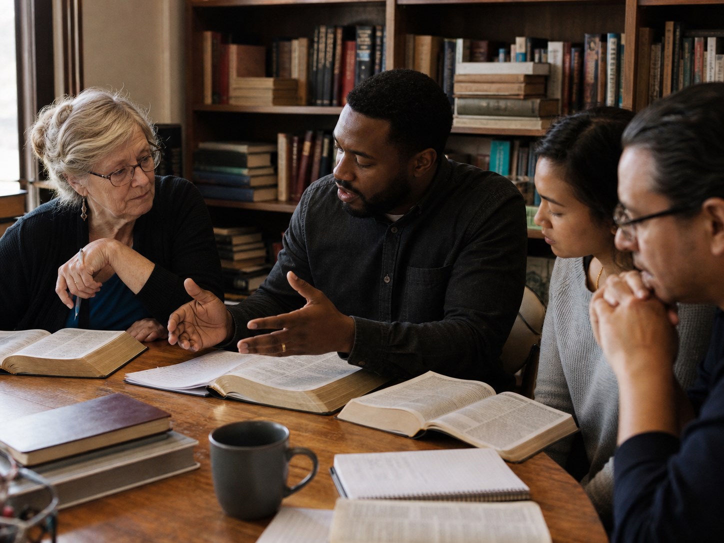 A theological educator leading an adult seminar discussion